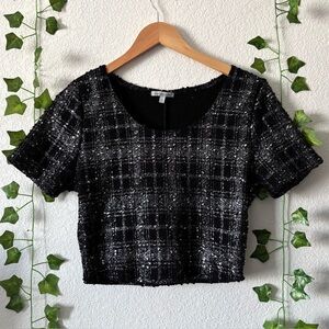 Charlotte Russe Women/Juniors Black Silver Plaid Sequin Crop Top Size L